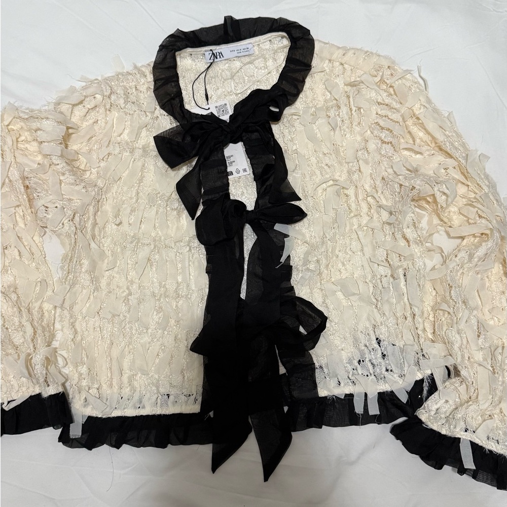 Zara Cream and Black Ruffled Blouse